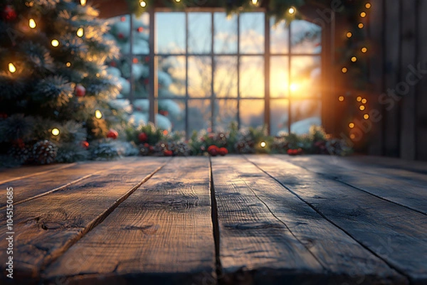 Fototapeta Empty wooden table in Christmas theme background for product display. 