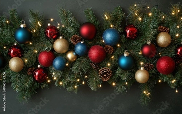 Obraz Evergreen Pine with Multicolored Ornaments: Lush green pine branches adorned with a variety of red, blue, and gold ornaments, interspersed with small twinkling fairy lights. 