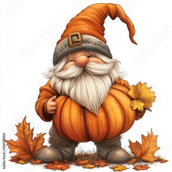 Fototapeta A cheerful gnome holding leaves and surrounded by autumn foliage.