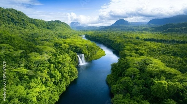 Fototapeta Lush Rainforest Landscape with Waterfall and River