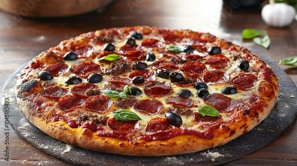 Fototapeta A rustic wood-fired pizza topped with pepperoni, olives, basil, and mozzarella, fresh out of the oven on a stone surface.