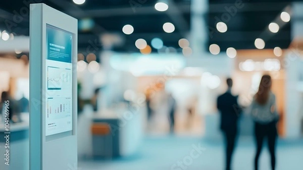 Fototapeta A digital display stands in focus with a blurred exhibition backdrop, showcasing information in a modern trade show environment.