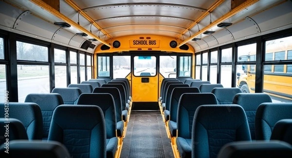 Fototapeta Empty school bus interior background rows of empty seats inside a brightly lit yellow school bus