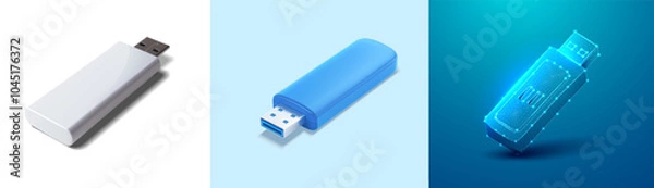 Fototapeta A set of three USB flash drives shown in different styles. One features a clean white minimalist design, another comes in a sleek blue casing, and the third is a digital hologram. Vector illustration