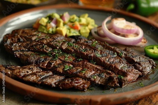 Fototapeta A plate of arrachera, grilled skirt steak served with roasted onions, jalapenos, and a side of guacamole