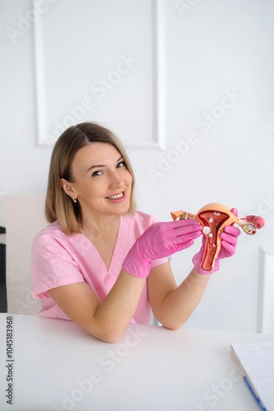 Obraz A female doctor tells and shows, using the example of an anatomical model of the uterus, about the structure of the organ and its pathologies and diseases