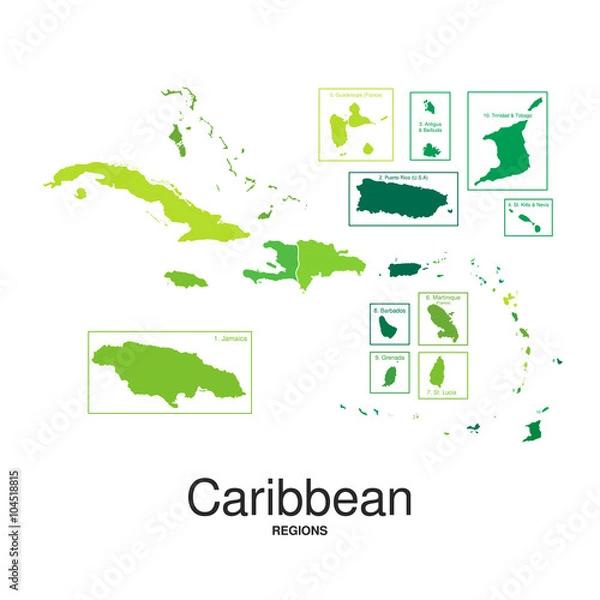 Obraz The Caribbean Islands regions map