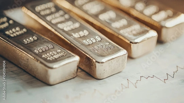 Fototapeta Close up of gold bullion bars showcasing their shiny surfaces and detailed engravings, symbolizing wealth and investment in precious metals. background features stock market graph, indicating market