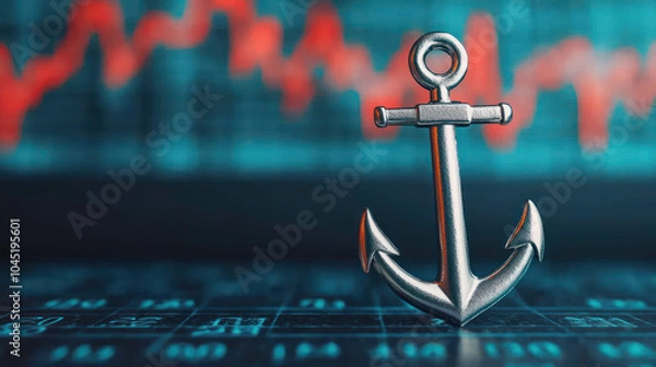 Fototapeta silver anchor rests on stock market graph, symbolizing stability amidst market fluctuations. contrasting red lines evoke sense of urgency and financial dynamics