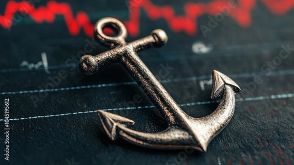 Fototapeta silver anchor rests on stock market graph, symbolizing stability amidst market fluctuations. This captures essence of financial security and investment strategies