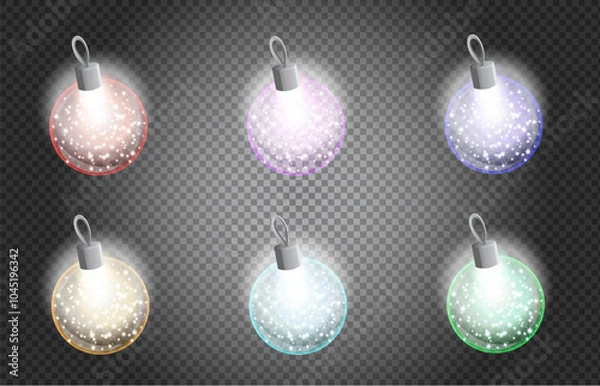 Obraz Christmas tree decorations glass transparent balls. A set of Christmas multi-colored balls inside bright light sparkles. New Year's decoration.  Holiday decor items. On a transparent background. 