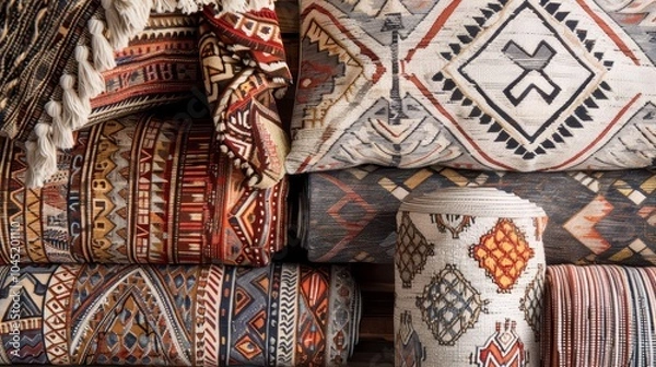 Fototapeta Ethnic tribal patterns in earthy tones, intricate designs inspired by indigenous cultures, perfect for a bohemian-style home