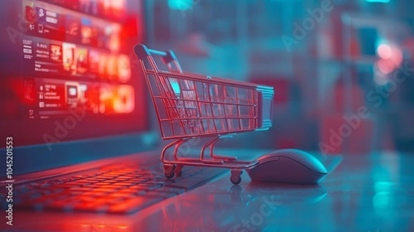 Fototapeta A miniature shopping cart sits on a laptop keyboard with a computer mouse, representing online shopping.