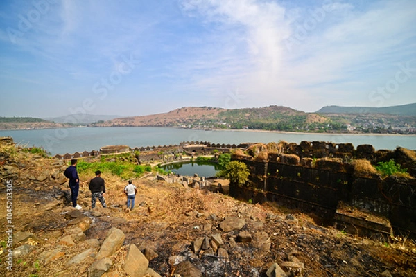 Fototapeta View of Arabian sea and mountain ranges from Murud Janjira fort, an ancient island naval defense fort, Maharashtra, INdia. 