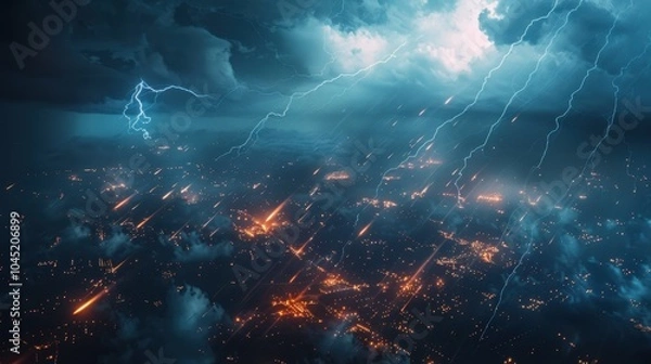 Fototapeta The abstract storm is full of dramatic elements. Lightning and rain create a striking backdrop.