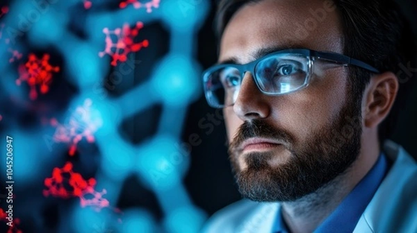 Fototapeta A focused male scientist in glasses studies a 3D molecular model in a vibrant lab. Dressed in a white coat, he embodies innovation in chemistry or biotechnology research.
