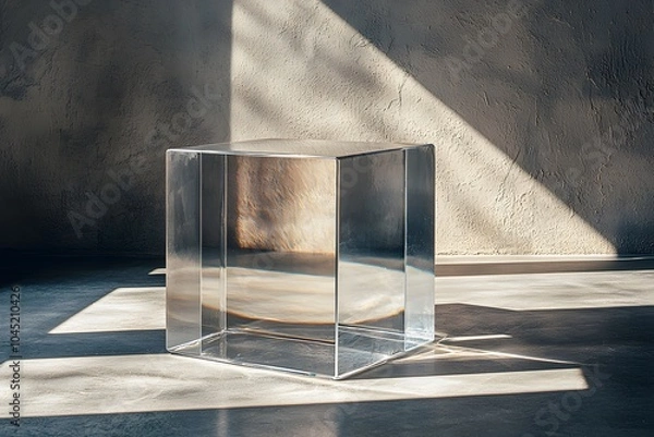 Fototapeta Minimalist clear glass cube casting shadows in sunlit space