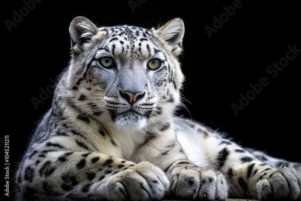 Fototapeta Snow leopard isolated on black background at a tilted angle