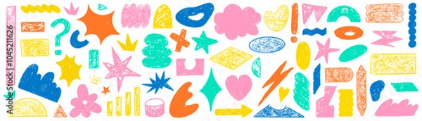 Fototapeta Hand drawn arrow scribble crayon set. Squiggle, scratch doodle kid arrow star set. Crayon scratch texture shape children kid naive. Vector illustration