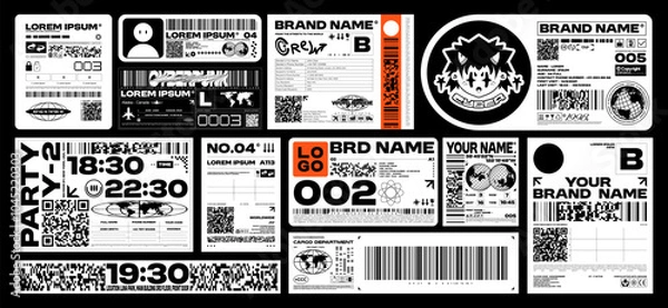 Fototapeta Brutalism label design pack. Futuristic assets for streetwear, event tickets and apparel branding. Retro Y2K and glitch aesthetics graphic elements. Vector set