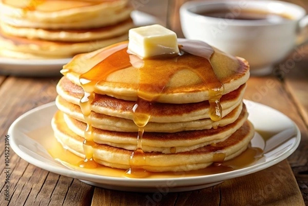 Fototapeta Fluffy pancakes with butter and syrup