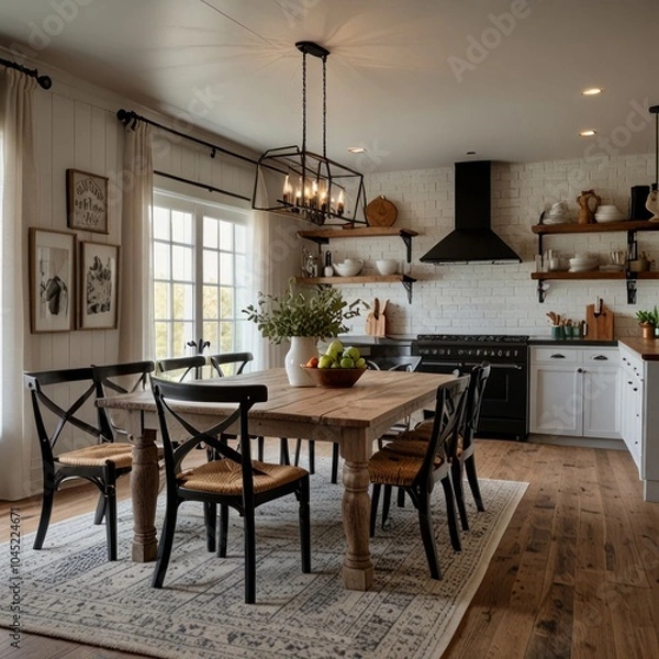 Fototapeta A farmhouse style dining room with a rustic wooden table, black chairs, a patterned rug, and a white brick wall.