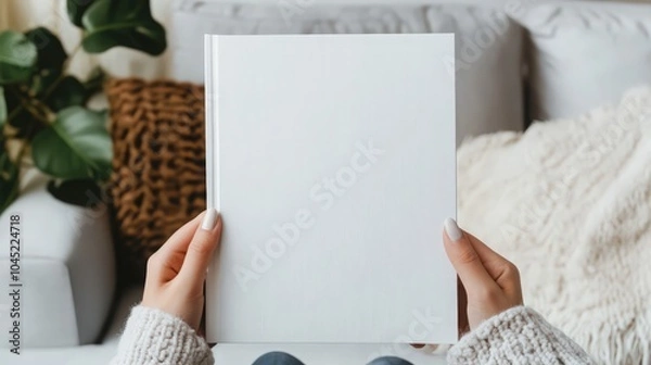 Fototapeta Woman's hands open empty catalog, magazines, book mockup
