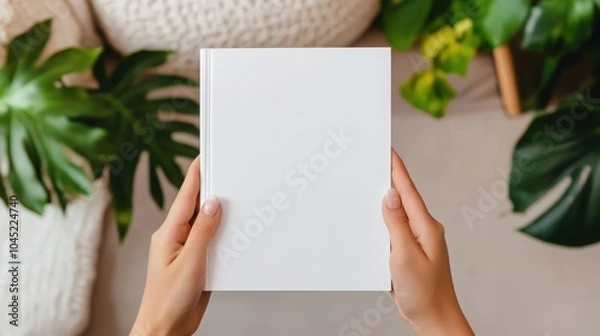 Obraz Woman's hands open empty catalog, magazines, book mockup