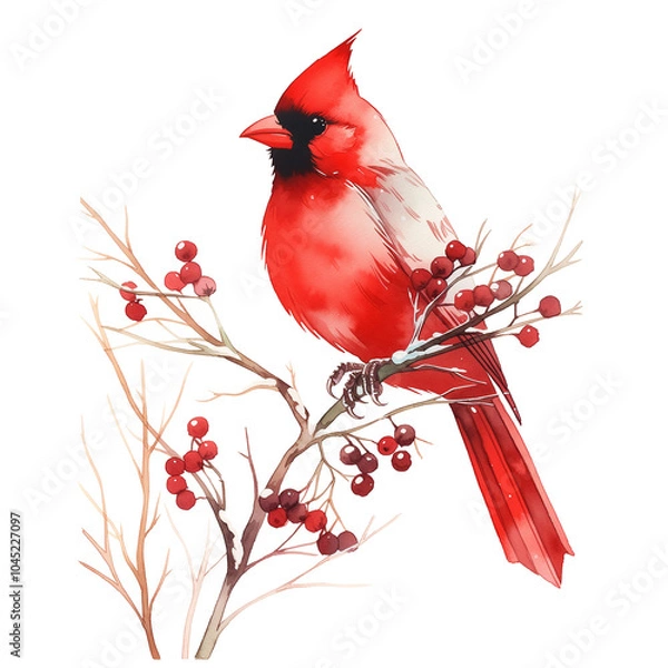 Fototapeta Red northern cardinal bird sitting on a snowy tree branch with red berries. Watercolor illustration