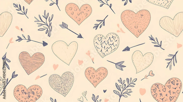 Fototapeta A heart background with simple line art of hearts and arrows, drawn in thin black outlines on a pastel pink canvas, creating a playful and elegant design