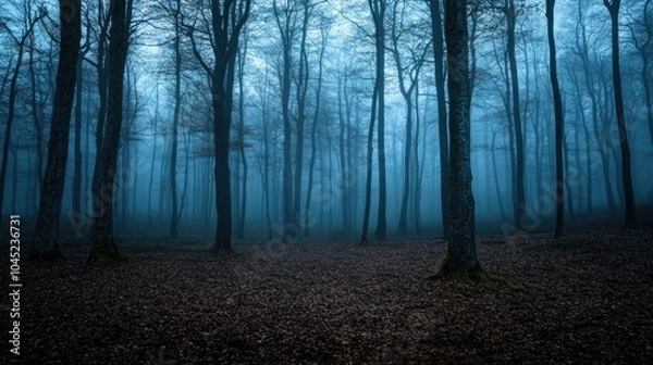 Fototapeta Dark blue fog covering the woods at twilight