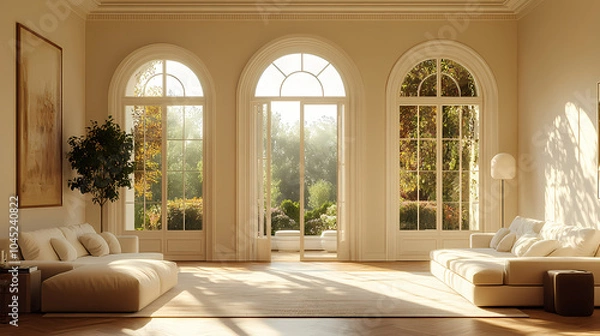 Fototapeta Design for a cream-colored apartment living room with smooth arc doors, comfortable furniture, and simple lighting.