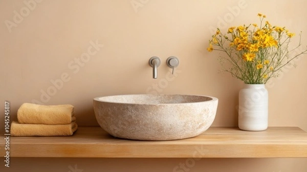 Fototapeta Rustic Bathroom with Stone Sink and Wooden Countertop