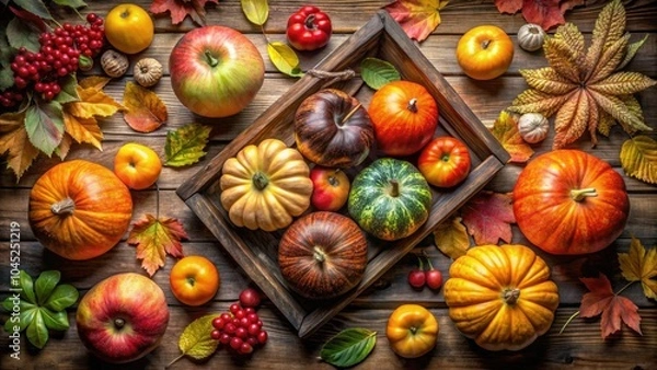 Obraz This stunning autumn still life features an array of colorful pumpkins, luscious apples, and rustic wooden details, embodying the beauty and richness of harvest time.