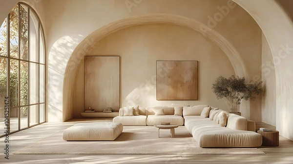 Fototapeta Design for a cream-colored apartment living room with smooth arc doors, comfortable furniture, and simple lighting.