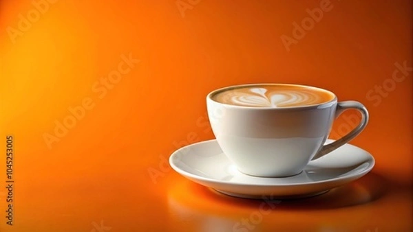Fototapeta Forced perspective white latte coffee cup on orange background