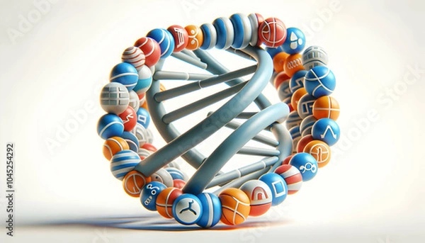 Fototapeta 3D Macro Image of DNA Strand Interwoven with Athletic Symbols, Emphasizing Genetic Milestones in Exercise and Technology, Iconic Design on White Background, Modern Visual Concept in Germany.