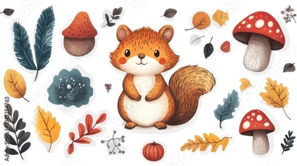 Obraz Adorable cartoon squirrel surrounded by colorful autumn leaves and mushrooms.