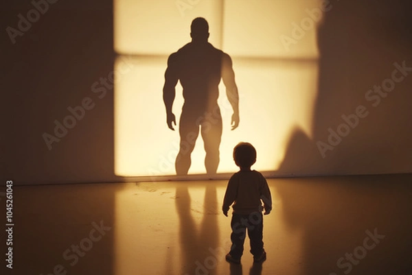 Obraz Dream Big to Become Big. Little Boy Looking at His Shadow on the Wall and Imagine Himself as Tall, Muscular Man.