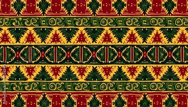Fototapeta Traditional decorative pattern with red, green, and yellow motifs