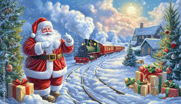 Obraz A vibrant Christmas train makes its way through a picturesque snowy village, blending with charming holiday decorations and cheerful Santa figures
