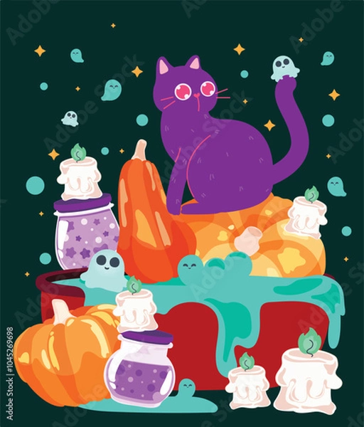 Obraz A whimsical Halloween scene with a purple cat sitting on pumpkins surrounded by glowing candles, jars of potions, and playful little ghosts floating around in a dark, starry sky.