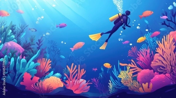 Fototapeta Scuba diver exploring a vibrant coral reef, surrounded by colorful tropical fish in a healthy underwater ecosystem.
