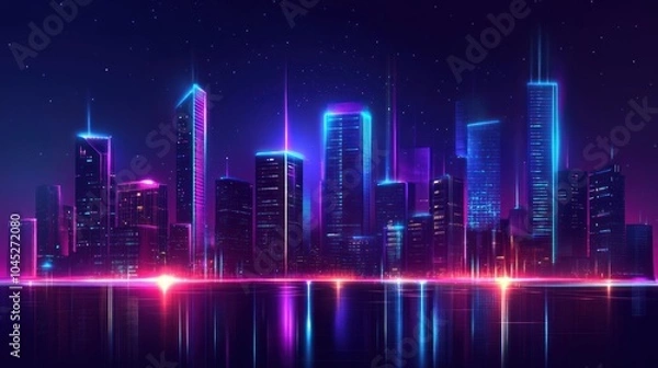 Fototapeta Cyberpunk neon glow with futuristic city elements and bright neon lights in urban colors.