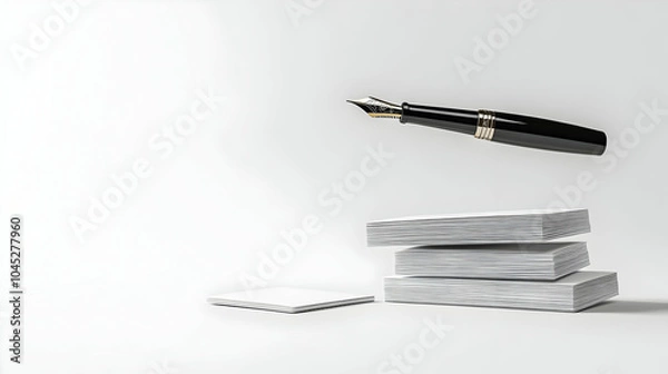 Fototapeta 3D Floating Business Cards Fountain Pen Hovering White Background Corporate Identity Professional Services Branding Advertisements 3D Icon Symbolizing Corporate Brand Importance