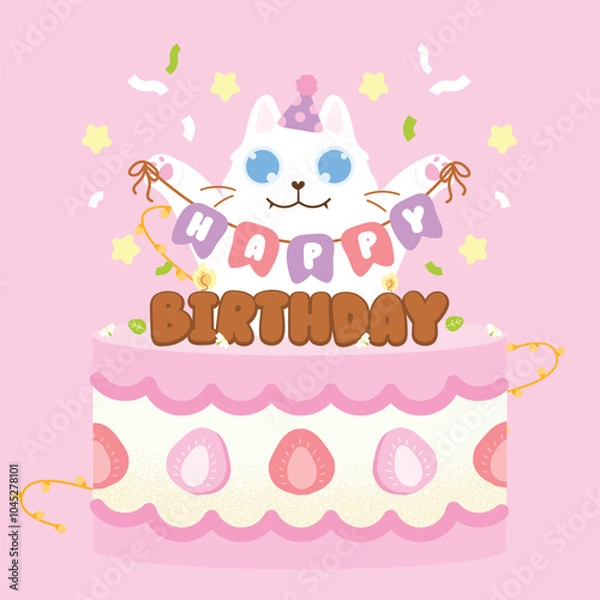 Obraz A cat jumping out of the birthday cake. Happy birthday greeting card, flat and colorful illustration.