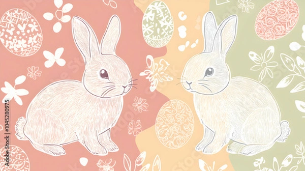Fototapeta A playful Easter background with simple line art of bunnies and eggs, drawn in white outlines on a soft pastel backdrop, creating a fun and joyful feel