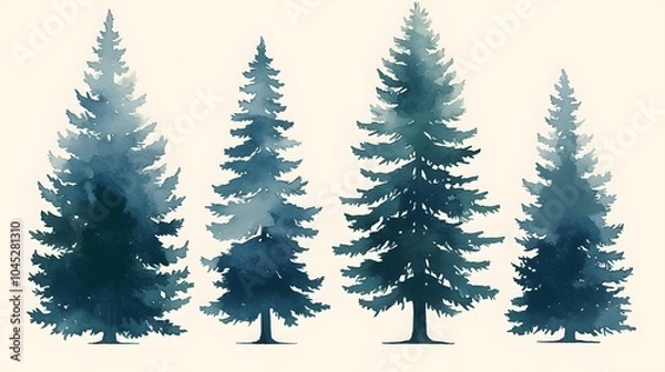 Fototapeta A collection of cedar tree silhouettes, broad and triangular in form, standing strong and stately on an isolated white background