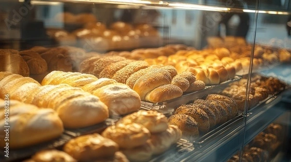 Fototapeta Freshly Baked Bread Display in Bakery Showcase