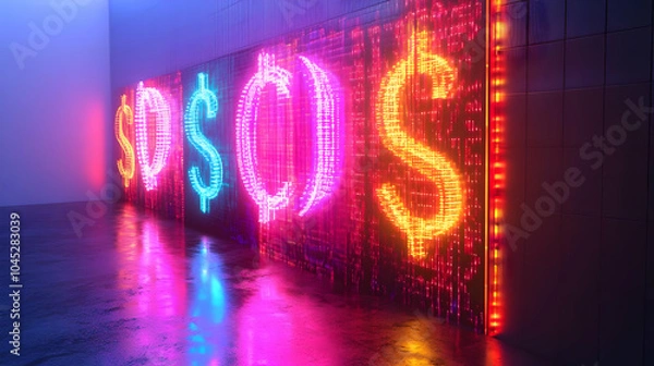 Fototapeta 3D Holographic Billboard Glowing Currency Symbols Copy Space Modern Advertising Financial Focus Glossy Icon Design Holographic Background High-Tech Marketing Display Unique Visuals